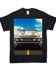 Black Gildan t-shirt with two dogs driving a classic car under a blue sky.