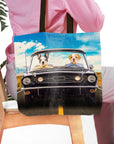 Personalized 2 pet tote bag with custom dog portraits in a classic black car.