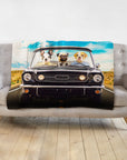 Personalized 3-pet blanket with cartoon dogs driving a black classic car on a desert road.