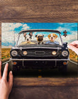 Personalized 3-pet puzzle featuring dogs in a classic black car, with hands assembling pieces.