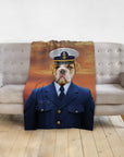 Personalized pet blanket featuring a bulldog in a Coast Guard uniform against a sunset background.