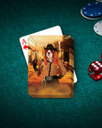 Personalized playing cards featuring a Cavalier King Charles Spaniel as a cowgirl on a green felt table.