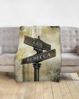 Personalized blanket with a vintage street sign design featuring "Gus" and "Rebecca" names.