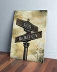 Personalized canvas with vintage street signs for "Gus" and "Rebecca" and date "11-11-2021" on a distressed background.