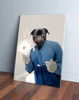 Personalized pet canvas featuring a black pug dressed as a dentist in blue scrubs, holding dental tools.