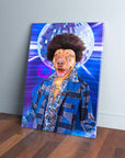 Personalized 'Disco Doggo' pet canvas featuring a dog with an afro, gold chain, and blue disco attire.