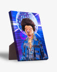 Personalized "Disco Doggo" pet standing canvas featuring a dog with an afro, blue disco shirt, and a disco ball.