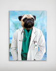 Personalized pug dog in a doctor's white coat and green scrubs, with a stethoscope, on a blue background.