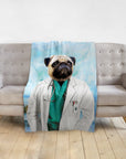 Personalized pet blanket featuring a pug in a doctor's uniform, draped over a sofa.