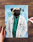 Personalized pug pet puzzle in a doctor's uniform, with hands assembling pieces on a wooden table.