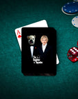 Personalized "Dogfather & Dogmother" playing cards featuring a custom dog and woman portrait on black.