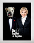 Personalized 'The Dogfather & Dogmother' poster featuring a bulldog in a tuxedo and a woman in a suit.