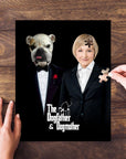 Personalized "Dogfather & Dogmother" puzzle featuring a bulldog and woman in suits, with a hand placing a piece.