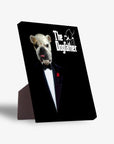 Personalized "The Dogfather" standing canvas featuring a bulldog in a tuxedo with a red rose.