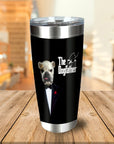 Personalized black stainless steel tumbler with a custom bulldog pet portrait in a tuxedo, titled "The Dogfather.