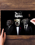 Personalized "The Dogfathers" puzzle featuring three custom pet portraits in suits on a black background.