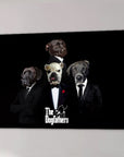 Black canvas featuring four personalized pets dressed as "The Dogfathers" in suits.