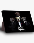 Black personalized canvas featuring four dogs dressed in suits, titled "The Dogfathers," with a sturdy brown stand.