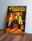 Personalized canvas featuring two dogs dressed as movie characters, standing over a pirate skull and treasure.
