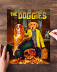 Personalized 2 pet puzzle featuring dogs in "The Doggies" movie poster style, with a pirate skull and treasure.