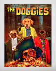 The Doggies personalized 3 pet poster featuring a golden retriever, two pugs, and a pirate skeleton.