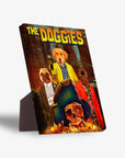 Personalized "The Doggies" standing canvas featuring three pets in movie-themed costumes, with a skull and treasure.