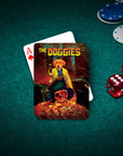Personalized pet playing cards featuring a custom dog portrait in a pirate theme on a green felt table.