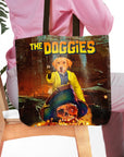 Custom 'The Doggies' tote bag featuring a personalized dog portrait in a pirate-themed, movie poster style.