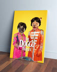 Personalized "Doggo Beatles" canvas featuring two pets in Sgt. Pepper's uniforms on a yellow background.
