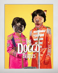 Personalized 'Doggo Beatles' poster featuring two pets in colorful Sgt. Pepper's Lonely Hearts Club Band uniforms.