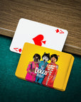 Personalized playing cards featuring three pets in "The Doggo Beatles" album cover style.