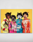 Personalized "Doggo Beatles" poster featuring four pets in colorful Sgt. Pepper's Lonely Hearts Club Band uniforms.