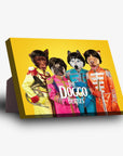 Yellow standing canvas with four pets dressed as The Beatles, featuring a husky, pug, and other dogs.
