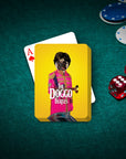 Personalized playing card featuring a pug in a pink "Doggo Beatles" band uniform, on a green felt table with poker chips and dice.