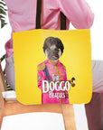 Personalized yellow tote bag with a custom pug pet portrait in a pink "Doggo Beatles" uniform.