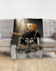 Personalized pet blanket featuring a golden retriever dog portrait as a drummer in a dark, smoky setting.