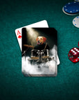 Personalized pet playing card with a dog portrait as a drummer, on a green felt table with poker chips and dice.