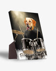 Personalized pet standing canvas featuring a golden retriever dog as a drummer in a black shirt, with a sturdy stand.