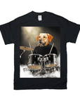 Black Gildan t-shirt with a golden retriever dog head on a drummer's body playing drums.
