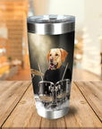 Personalized stainless steel tumbler with a custom cartoon portrait of a yellow lab dog playing drums.
