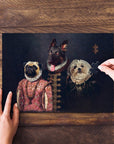 Personalized 3-pet renaissance royal portrait puzzle featuring a pug, German Shepherd, and Shih Tzu.
