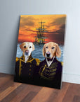 Two dogs in navy admiral uniforms on a custom canvas, with a ship at sunset on the ocean.