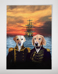 Personalized "The Explorers" poster featuring two dogs in naval uniforms with a ship at sunset.