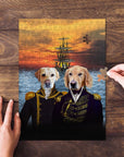 Custom personalized 2 pet puzzle featuring dogs in renaissance royal explorer outfits with a ship at sunset.