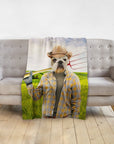 Personalized pet blanket with a French Bulldog's head on a farmer's body in a green field.