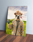 Personalized pet canvas featuring a French Bulldog in a straw hat and plaid shirt, holding a pitchfork.