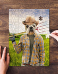 Personalized pet puzzle featuring a bulldog in a farmer's outfit, holding a pitchfork, on a green field.