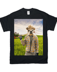 Black Gildan t-shirt with a bulldog in a straw hat and plaid shirt holding a pitchfork in a green field.