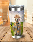 Personalized stainless steel tumbler with a custom bulldog pet portrait as a farmer in a field.
