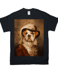 Black Gildan t-shirt featuring a bulldog in a feathered hat and ruffled collar, a personalized pet masterpiece.